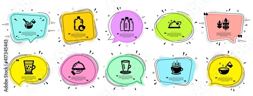Food and drink icons set. Speech bubble offer banners. Vector coupon badge. Included icon as Frappe, Water bottles, Refill water signs. Coffee cup, Cooking whisk, Romantic dinner symbols. Vector
