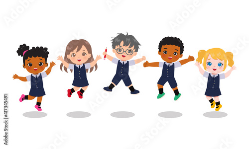Cute kids in school uniform jumping together. Educational clip art. Flat vector cartoon isolated