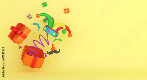 April fools day decoration background with gift box, jester hat, nose and mustache, copy space text, 3D rendering illustration
