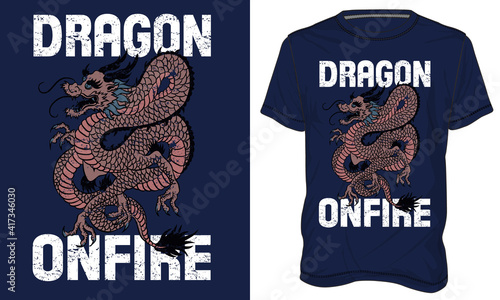 Dragon on fire Chest Print Artwork with Short Sleeve Navy blue T-Shirt Vector Illustration.