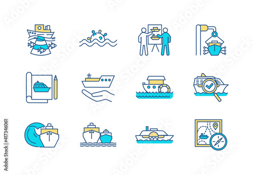 Marine engineering RGB color icons set. Floating structures development. Oceanography. Cruising. Marine safety. Sea vessels designing. Navy defense. Maritime travel. Isolated vector illustrations