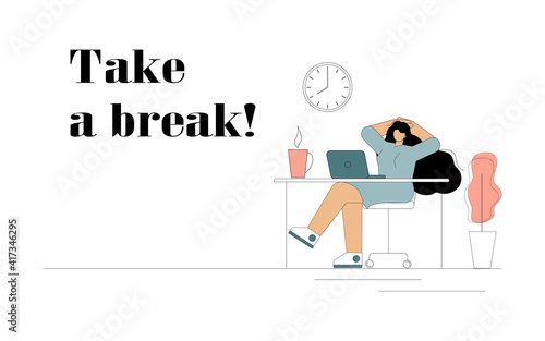 Take a break. A woman throwing her hands behind her head is resting at a desk in the office. Vector flat illustration on white background