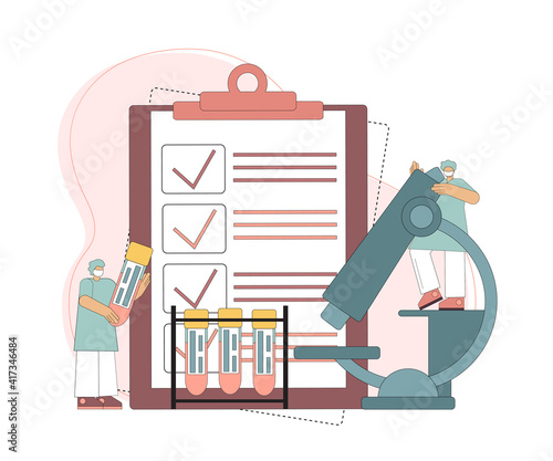 The concept of blood analysis and laboratory research. Doctor scientist in the laboratory analyzes blood samples. Flat vector illustration isolated on white background