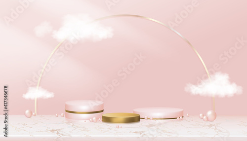 Podium Display in Pink and Yellow gold Cylinder Stand with Pearl and Cloud on Rose gold foil marble,Vector Realistic 3D for Stage pedestal platform,Product presentation,Cosmetic or Spa Showcase © Anchalee