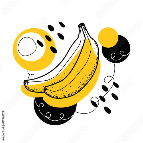Banana on a colorful abstract summer background. Illustration of a banana made in the style of a line. Stylish fruit icon, background. Vector.