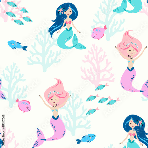Seamless pattern, children's illustration on the marine theme. Mermaid and fish.