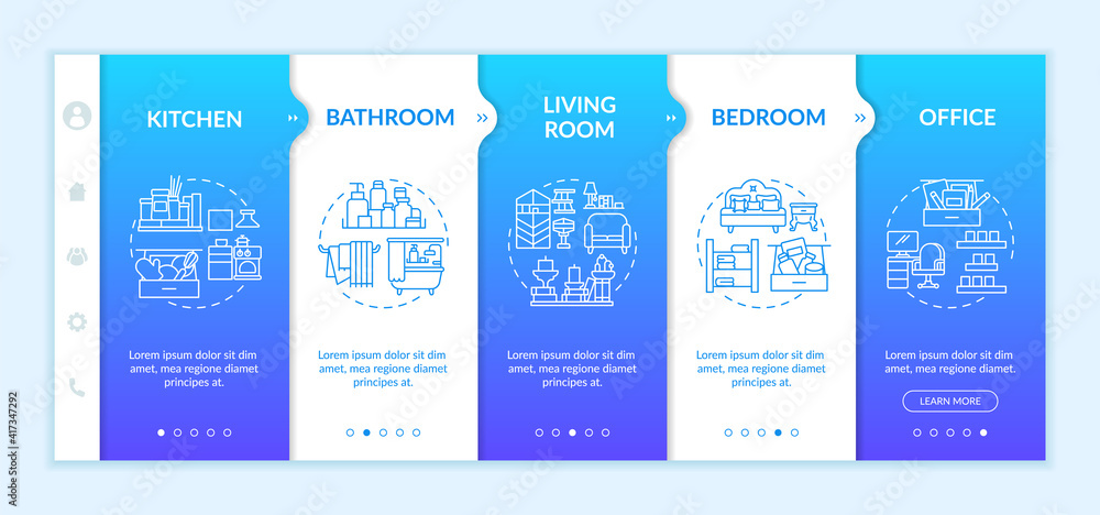 Cleaning area onboarding vector template. Kitchen and bathroom. Living room,bedroom and office. Responsive mobile website with icons. Webpage walkthrough step screens. RGB color concept