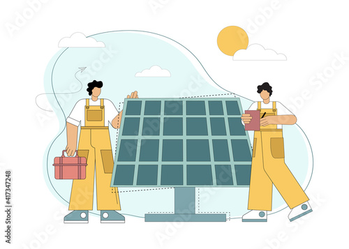 Installation of solar panels. Use of alternative energy, renewable energy, sustainable lifestyle. Flat illustration illustration