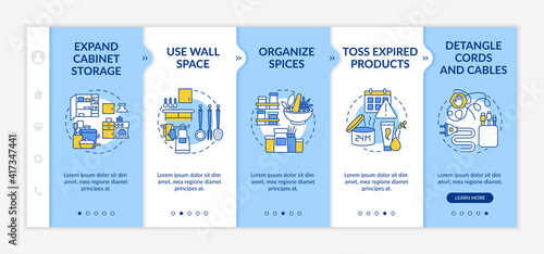 Declutter home onboarding vector template. Getting rid of clutter reveal. Expand cabinet storage. Responsive mobile website with icons. Webpage walkthrough step screens. RGB color concept photo