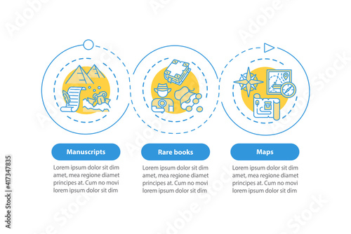 Rare books vector infographic template. First editions presentation design elements. Data visualization with 3 steps. Online library. Process timeline chart. Workflow layout with linear icons