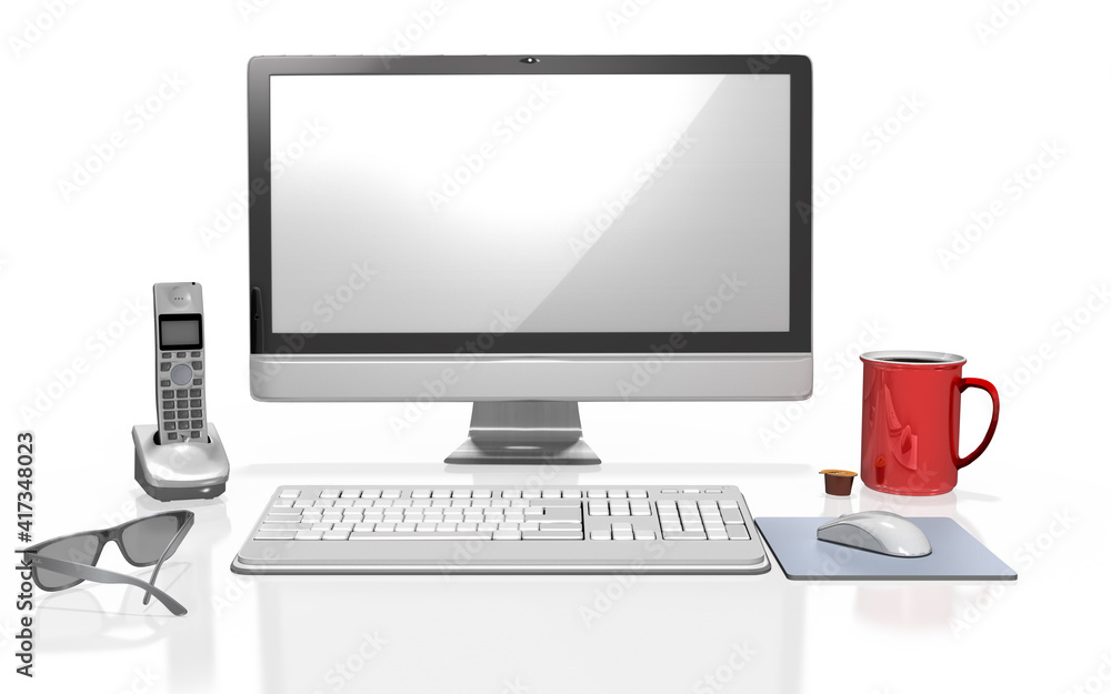3d PC Tastatur mit Monitor, Mouse, Telefon und Kaffeetasse, Homeoffice, isoliert 3d PC Tastatur mit Monitor, Mouse, Telefon und Kaffeetasse, Homeoffice, isoliert