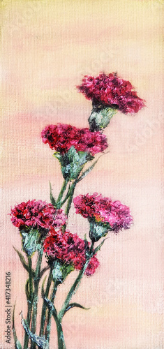 Red carnation flowers. Illustration of an art painting acrylic on canvas