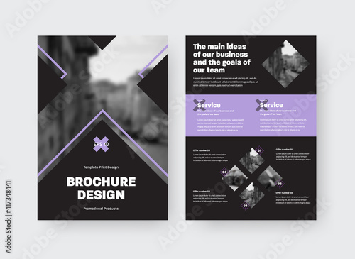 Brochure template with vector illustration, purple inserts, cross, place for photo, presentation of creative design on black background.