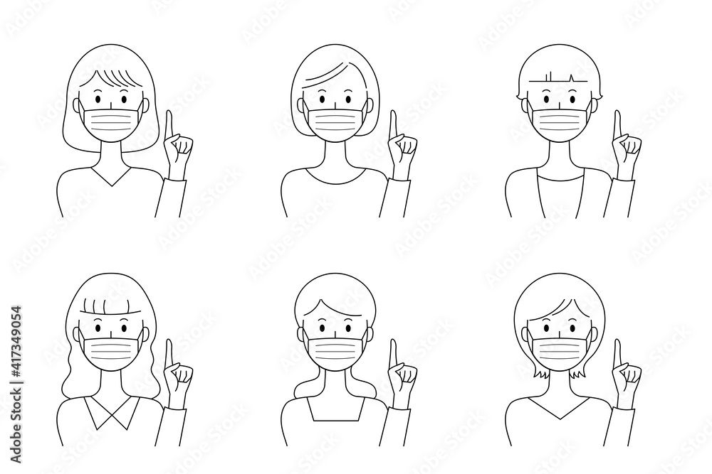 マスクをして指差しする女性のベクターイラストセット