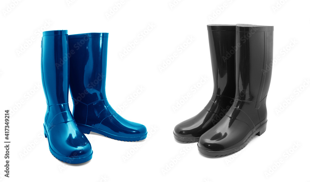 Black and blue rubber boots on a white background Black and blue rubber boots on a white background