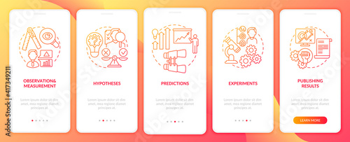 Scientific method elements onboarding mobile app page screen with concepts. Predictions and forecasting walkthrough 5 steps graphic instructions. UI vector template with RGB color illustrations