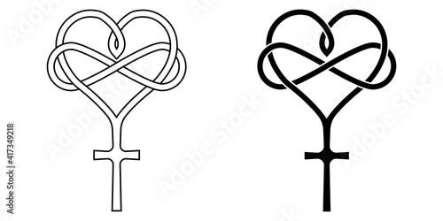 Sign of infinite love for God, heart with infinity symbol and cross, vector tattoo logo love and faith for God