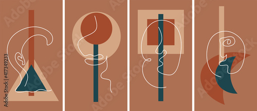 A continuous line of female facial features on the cover templates with geometric inserts in boho style. Vector illustration of modern universal backgrounds.