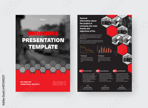Vector brochure template with presentation of creative geometric design, red hexagons, place for photo, info on black background.