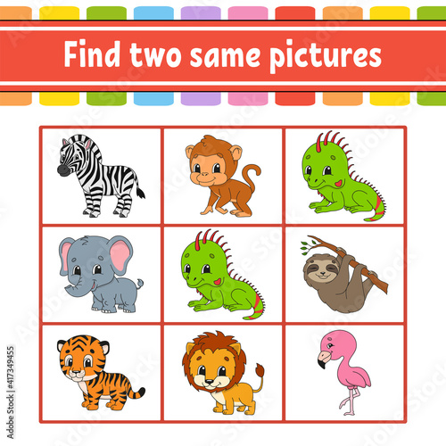 Find two same pictures. Task for kids. Education developing worksheet. Activity page. Color game for children. Funny character. Isolated vector illustration. Cartoon style.