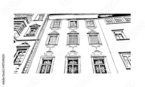 Building view with landmark of Bolzano is a city in the South Tyrol province of north Italy. Hand drawn sketch illustration in vector.