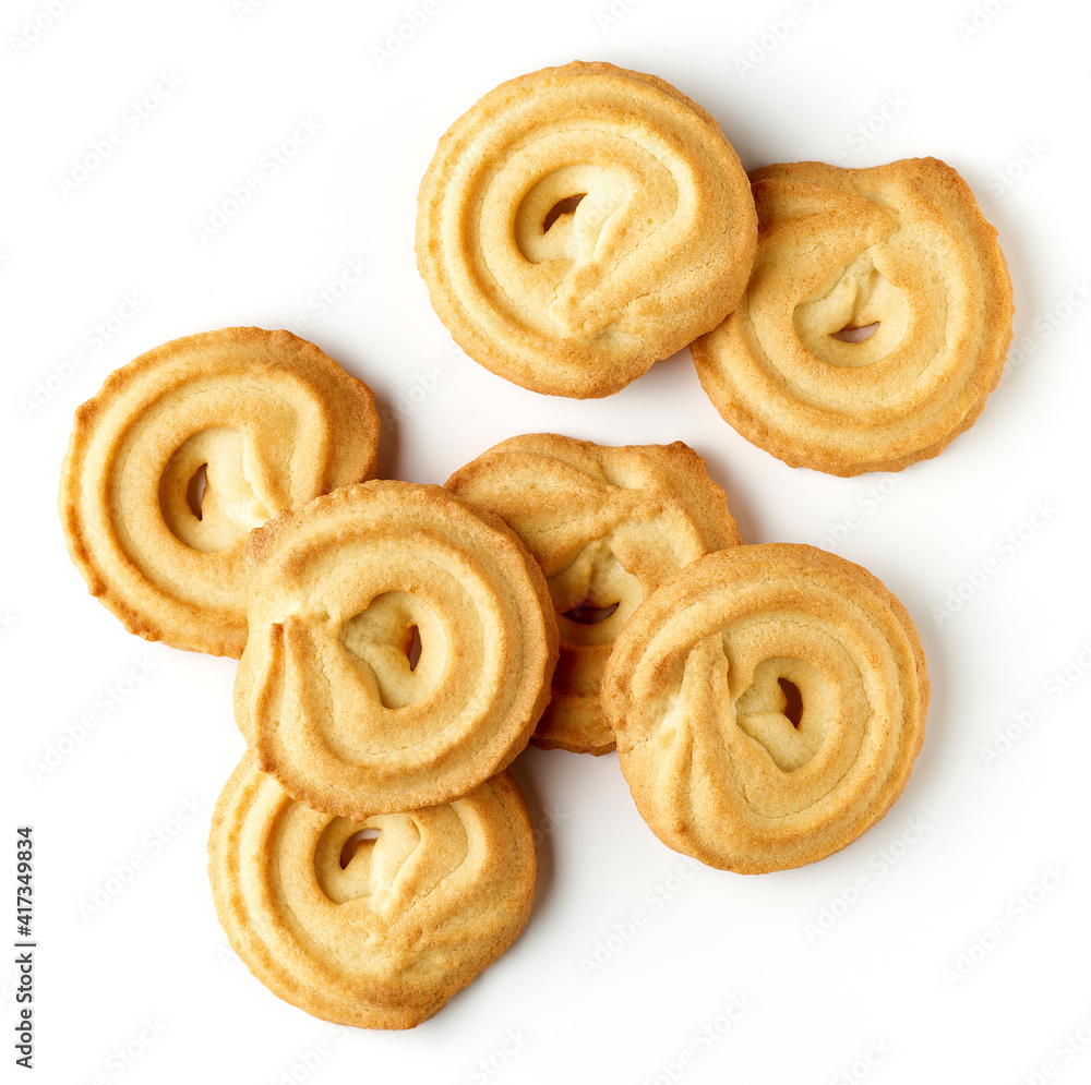 Butter cookies isolated on white background, from above