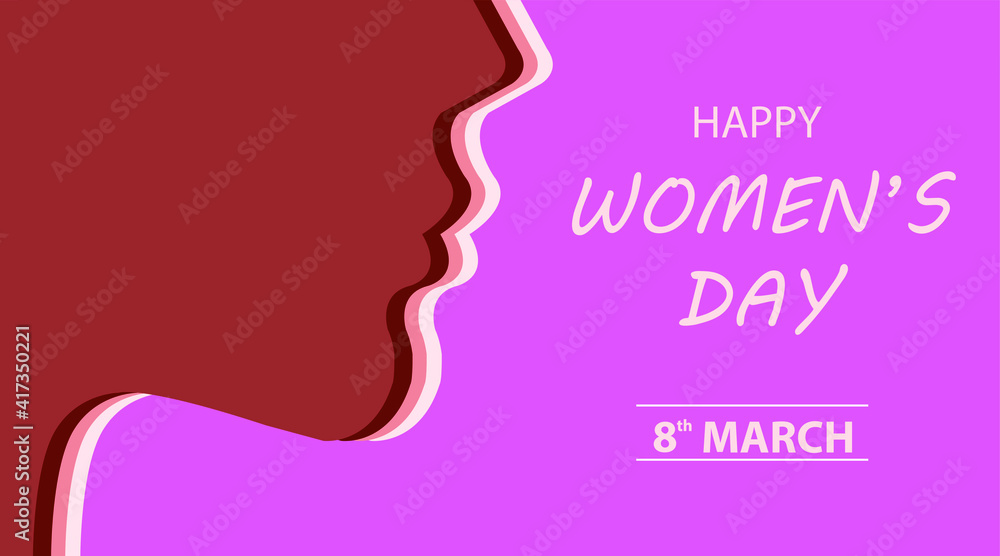 Happy International Women's Day on March 8th design background. Face profile illustration of women of different skin colors with retro style makeup. EPS10 vector.