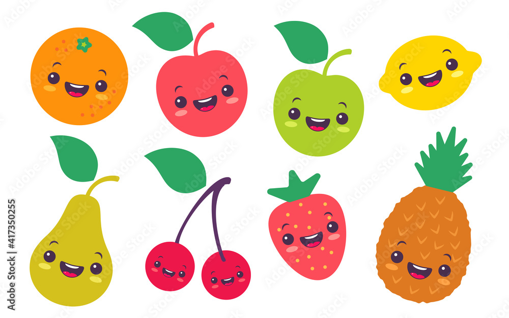 Vector set flat illustration of a fruits in kawaii style. Vector set flat illustration of a fruits in kawaii style.