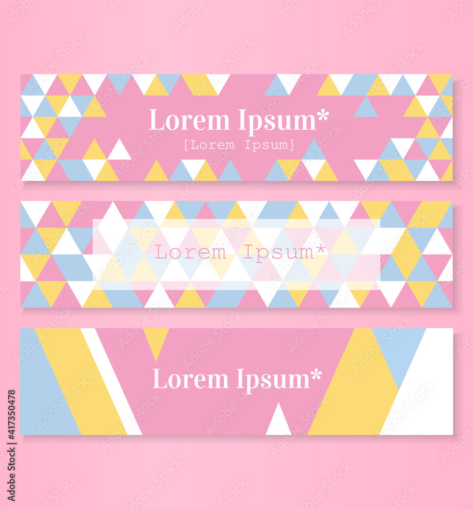 Cute bright colorful web banner design templates. Abstract geometric backgrounds for your business, advertising, website. Pink, blue, yellow and white color triangles shapes headline caption layout.