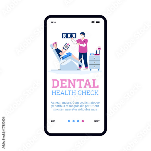Dental cabinet in medical clinic with doctor dentist showing x-ray of tooth to patient sitting in chair. Dentistry and health care concept. Vector illustration, mobile phone screen