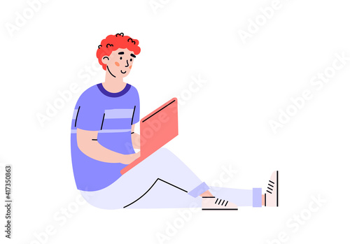 Man outsource worker or programmer sitting on the floor with laptop computer, flat vector illustration isolated on white background. Remote occupation and freelance.
