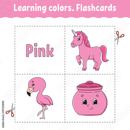 Learning colors. Flashcard for kids. Cute cartoon characters. Picture set for preschoolers. Education worksheet. Vector illustration.