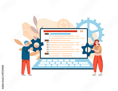 Tiny man and woman connecting mechanism gears in front of huge laptop screen, cartoon vector illustration isolated on white background. Software and code testing concept.