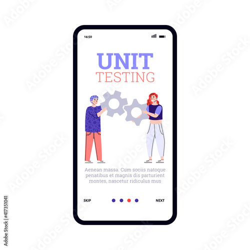 Onboarding page for unit testing computer programing services, cartoon vector illustration. Mobile interface design with cartoon people working on software testing.