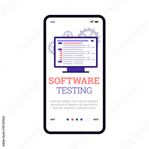 Mobile app on phone screen for application development, debugging or code testing of software. Concept of programming, analysis and coding data. Vector illustration.