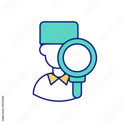 Field research green RGB color icon. Researcher observing behavior. Invasioning and controlling environment. Observation of phenomena in natural setting. Isolated vector illustration