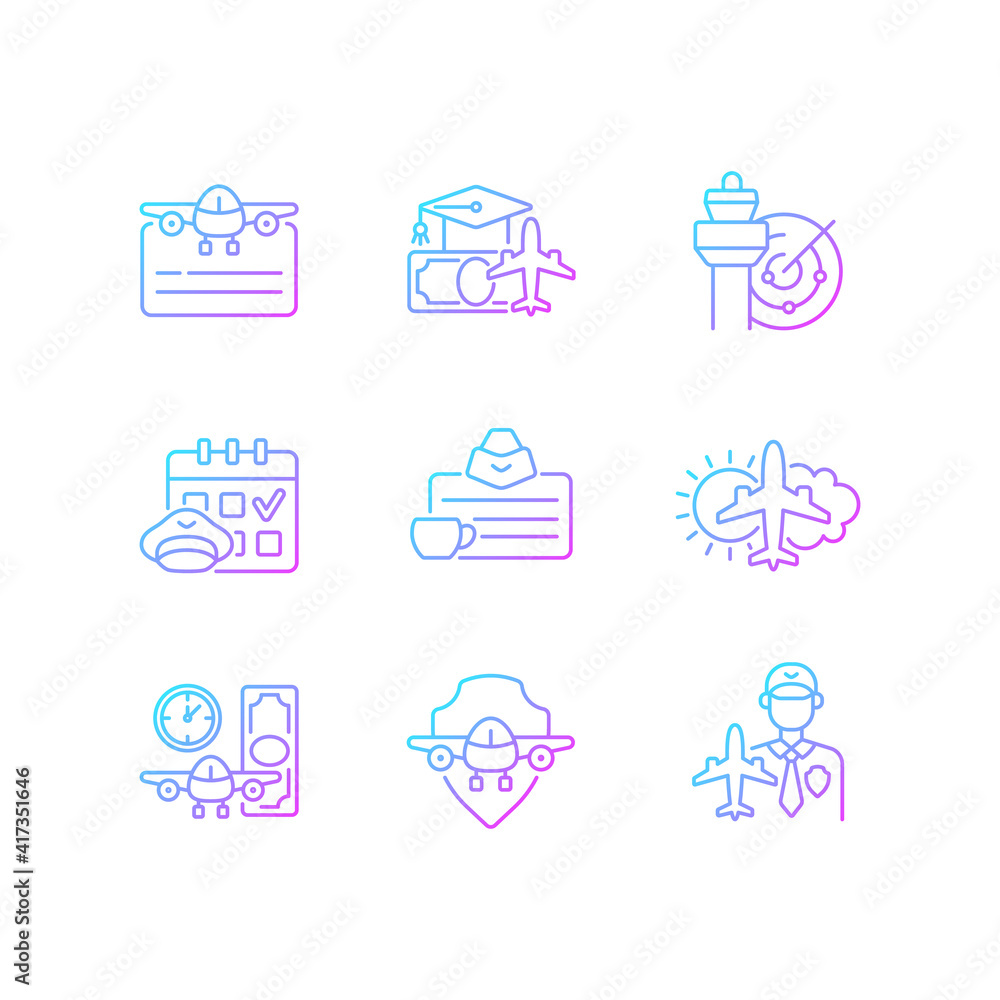 Aviation gradient linear vector icons set. Air traffic control. Getting ...