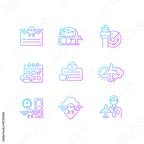 Aviation gradient linear vector icons set. Air traffic control. Getting pilot license. Aronautical meteorology. Thin line contour symbols bundle. Isolated vector outline illustrations collection