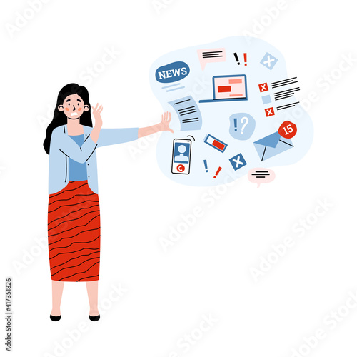 Concept of information overload and multitasking problem. Young woman in stress push away data stream. Flat vector illustration isolated on white background.