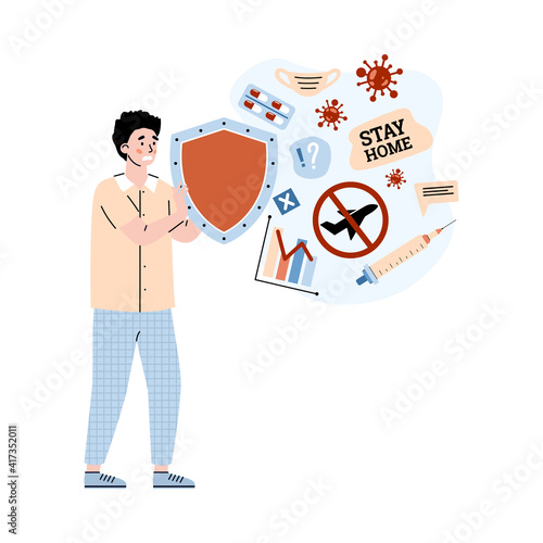 Man upset with information about pandemic and quarantine, cartoon vector illustration isolated on white background. Covid crisis and information overload metaphor.