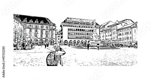 Building view with landmark of Bolzano is a city in the South Tyrol province of north Italy. Hand drawn sketch illustration in vector.