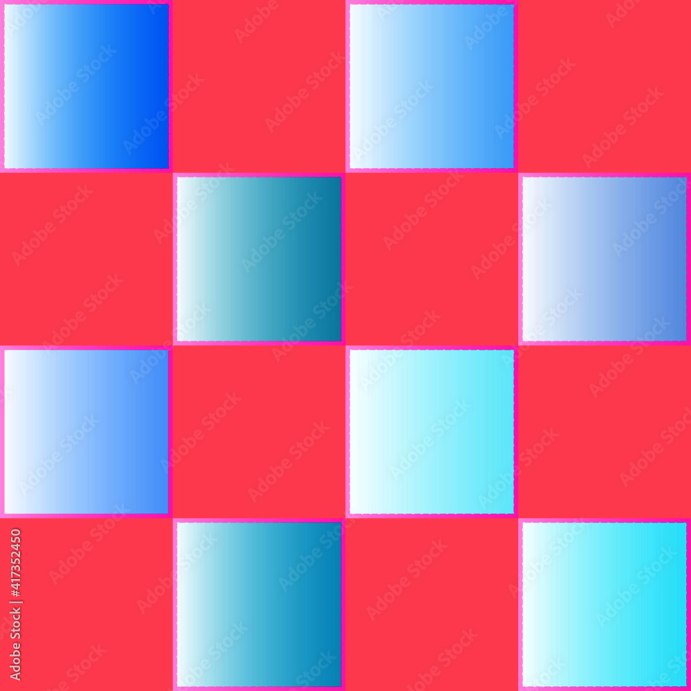 Seamless pattern of squares with gradient fill of blue shades on a pink background for textile.
