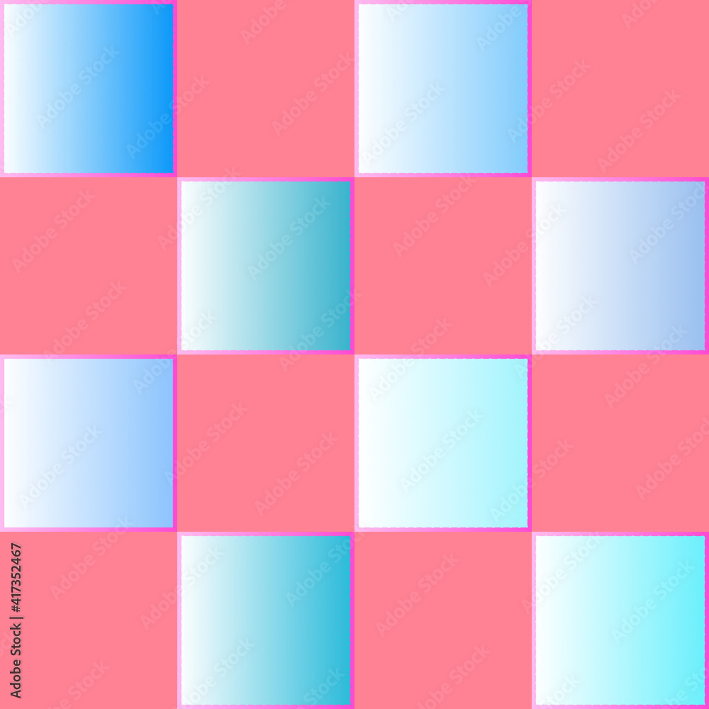 Seamless pattern of squares with gradient fill of blue shades on a pink background for textile.