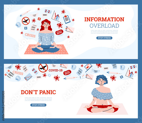 Information overload banners with woman relieving stress of information flow through meditation, cartoon vector illustration. Fight of information stress and panic.