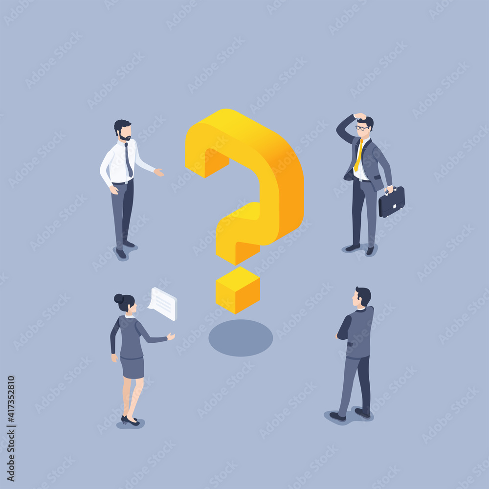 isometric vector illustration on gray background, people in dell's clothes are standing around a big yellow question mark, solving important business problems isometric vector illustration on gray background, people in dell's clothes are standing around a big yellow question mark, solving important business problems