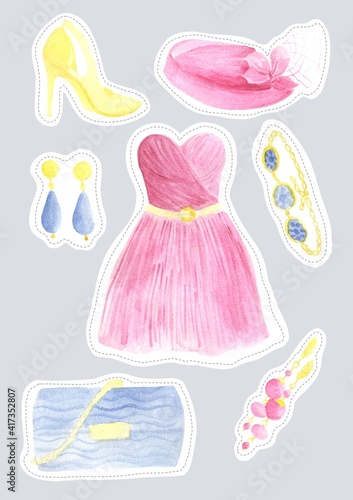 A fashionable set of evening dress stickers in blue and pink