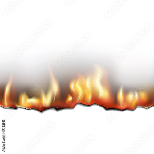 Burning white paper, flame on white background, element for packaging and design.