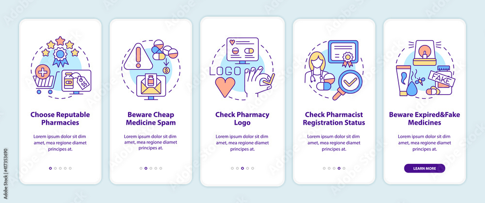 Buying medicine online tips onboarding mobile app page screen with concepts. Choose reputable pharmacies walkthrough 5 steps graphic instructions. UI vector template with RGB color illustrations