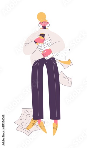 Young woman at work loosing papers because of insomnia. Lack of sleep, coffee and inefficiency concept illustration drawn with pink and yellow