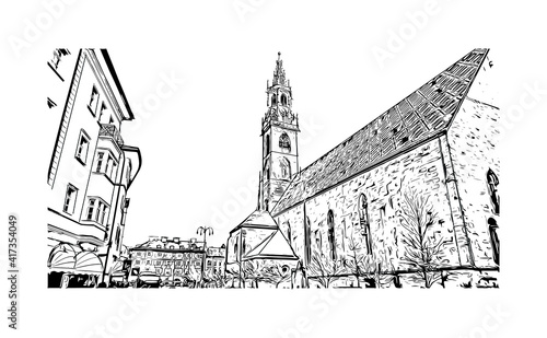 Building view with landmark of Bolzano is a city in the South Tyrol province of north Italy. Hand drawn sketch illustration in vector.